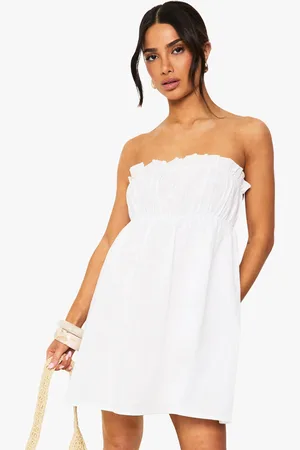 Boohoo Petite Linen Shirred Bandeau Mini Dress - - 10