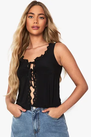 Boohoo Slinky Lace Trim Tie Front Milmaid Top - - 6