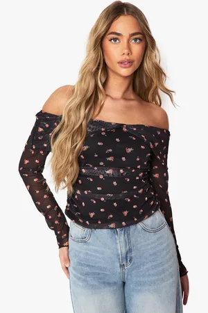 Boohoo Printed Mesh Bardot Ruched Top - - 6