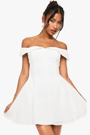 Boohoo Broderie Bardot Structured Skater Dress - - 14