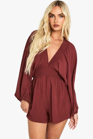 Boohoo Cheescloth Plunge Long Sleeve Playsuit - - 14
