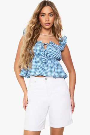 Boohoo Woven Gingham Print Frill Peplum Top - - 8