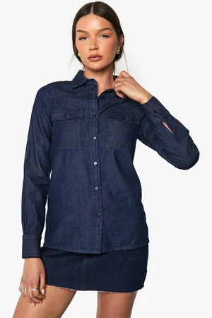 Boohoo Chambray Denim Long Sleeve Western Shirt - - 6