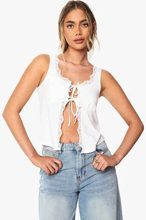 Boohoo Slinky Lace Trim Tie Front Milmaid Top - - 6