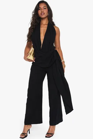 Boohoo Linen Look Drape Cowl Wrap Jumpsuit - - 8