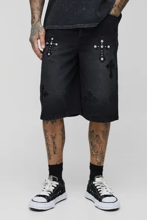Boohoo Tall Relaxed Fit Gothic Cross Applique Jorts - - 34