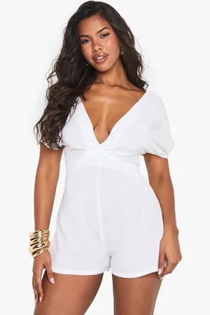 Boohoo Linen Tie Back Puff Sleeve Playsuit - - 8