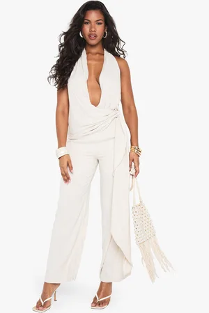 Boohoo Linen Look Drape Cowl Wrap Jumpsuit - - 8