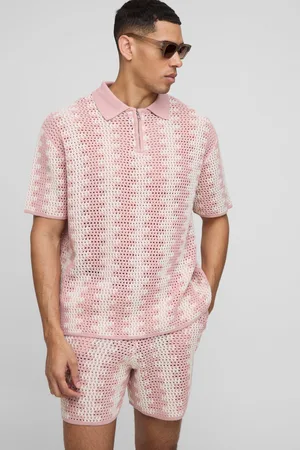 Boohoo Oversized Boxy Crochet Look Stripe Shorts Knitted Polo Set - - S
