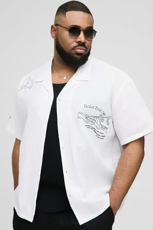 Boohoo Plus Regular Fit Placement Print Linen Look Revere Shirt - - XXXL