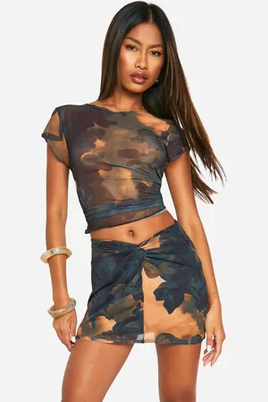 Boohoo Renaissance Print Mesh Twist Front Mini Skirt - - 6