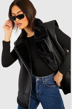 Boohoo Faux Fur Trim Oversized Aviator Vest - - 8