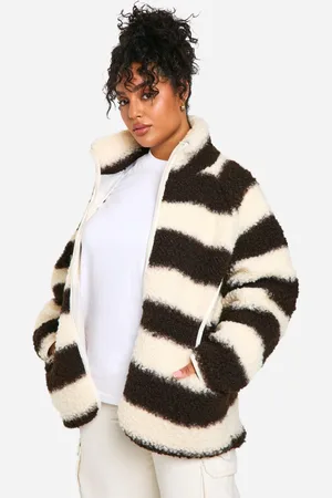 Boohoo Plus Stripe Oversized Curly Teddy Zip Up Jacket - - 16