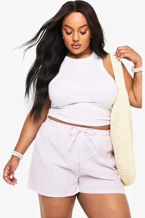 Boohoo Plus Lilac Seersucker Stripe Drawstring Waist Shorts - - 28