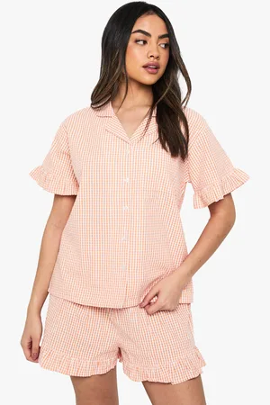 Boohoo Gingham Ruffle Detail Short Sleeve Shirt & Shorts Pyjama Set - - 6