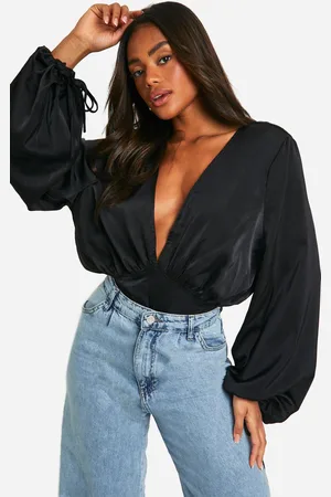 Boohoo Balloon Sleeve Plunge Bodysuit - - 6
