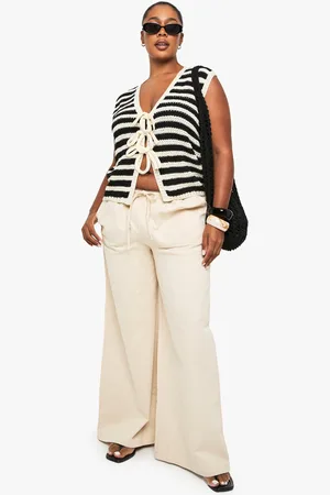 Boohoo Plus Cotton Twill Drawstring Waist Wide Leg Trouser - - 16