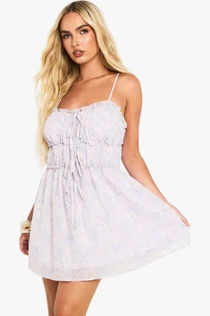 Boohoo Ditsy Floral Textured Ruched Tie Mini Smock Dress - - 8