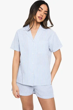 Boohoo Seersucker Stripe Short Sleeve Shirt & Shorts Pyjama Set - - 6