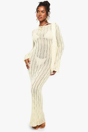 Boohoo Scoop Back Long Sleeve Crochet Beach Dress - - S