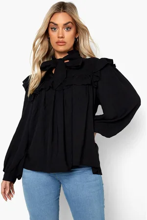 Boohoo Plus Pussybow Crinkle Smock Blouse - - 16