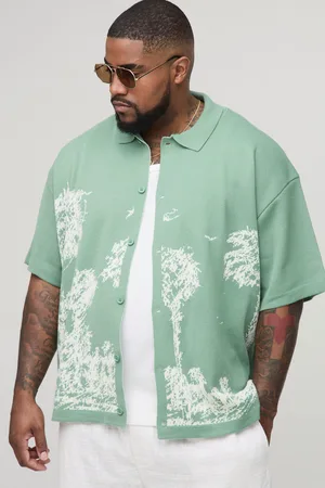 Boohoo Plus Relaxed Palm Print Jacquard Knitted Shirt - - 2XL