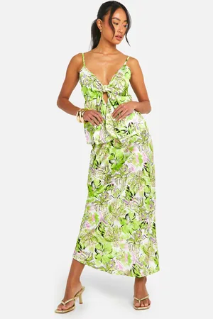 Boohoo Floral Satin Knot Front Cami & Bias Midi Skirt - - 12