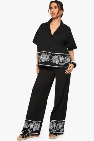 Boohoo Embroidered Trim Cotton Poplin Wide Leg Trousers - - 6