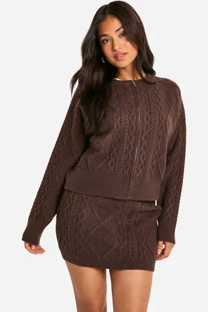 Boohoo Petite Cable Knit Zip Through Cardigan And Mini Skirt Co-Ord - - S