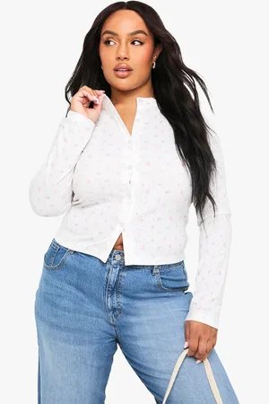 Boohoo Plus Pointelle Ditsy Long Sleeve Button Down Fitted Top - - 16
