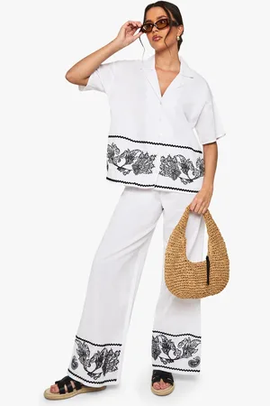 Boohoo Embroidered Trim Cotton Poplin Wide Leg Trousers - - 6