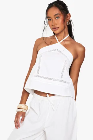 Boohoo Embroidered Lace Insert Halterneck Cotton Poplin Cami Top - - 6