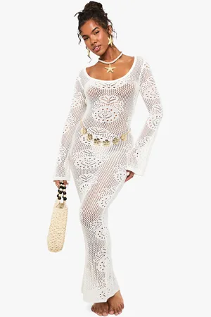 Boohoo Long Sleeve Crochet Beach Dress - - S
