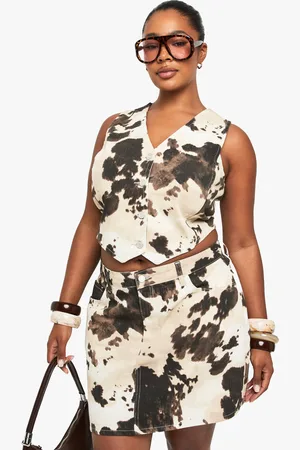 Boohoo Plus Cow Print Denim Mini Skirt - - 16