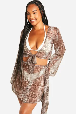 Boohoo Plus Snake Print Chiffon Tie Front Beach Shirt - - 22