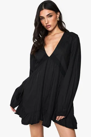 Boohoo Cotton Lace Trim Long Sleeve Smock Dress - - 8
