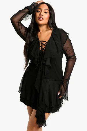Boohoo Plus Mesh Ruffle Lace Up Skater Dress - - 22
