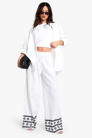 Boohoo Tall Wide Leg Broderie Hem Trouser - - 8