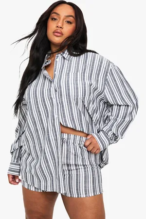 Boohoo Plus Stripe Long Sleeve Shirt And Shorts Co Ord - - 16