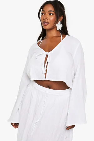 Boohoo Plus Cheesecloth Long Sleeve Tie Front Top - - 16