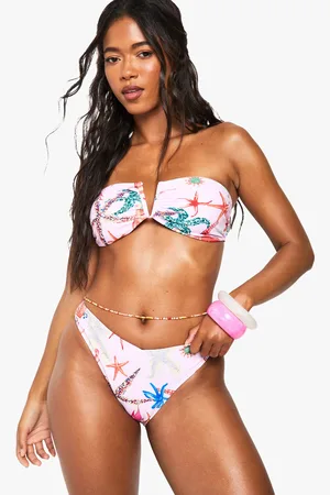 Boohoo Starfish Print Bandeau Bikini Top & V-Front High Leg Bikini Bottoms Set - - 8