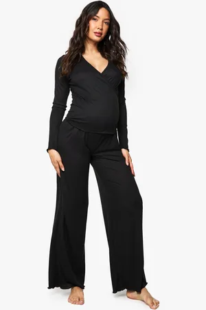 Boohoo Maternity Brushed Rib Wrap Lettuce Hem Top & Trouser Lounge Set - - 8