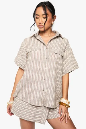 Boohoo Woven Linen Look Striped Short Sleeve Shirt - - 6