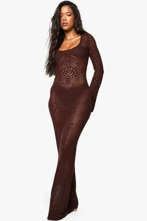 Boohoo Long Sleeve Crochet Beach Dress - - S