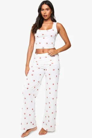 Boohoo Cherry Print Soft Rib Vest Top & Trousers Pyjama Set - - 6