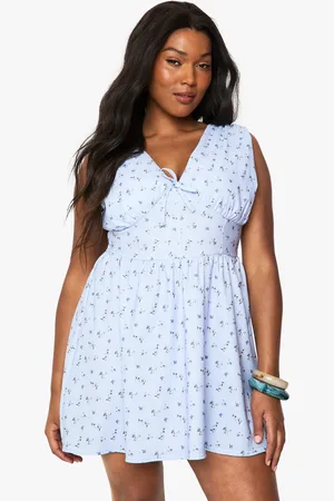 Boohoo Plus Ditsy Tie Detail Plunge Corset Skater Dress - - 16