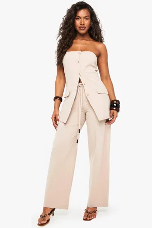 Boohoo Linen Beaded Tie Detail Wide Leg Trouser - - 10