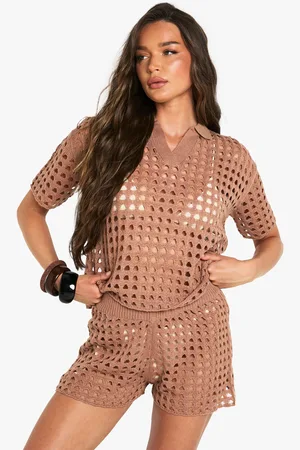Boohoo Crochet Oversized Shirt And Knitted Short Set - - S