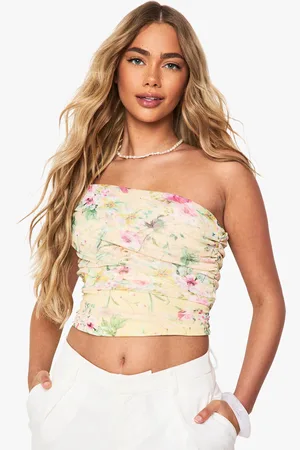 Boohoo Floral Print Mesh One Shoulder Bardot Top - - 6