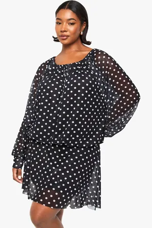 Boohoo Plus Mesh Polka Drop Hem Mini Dress - - 16